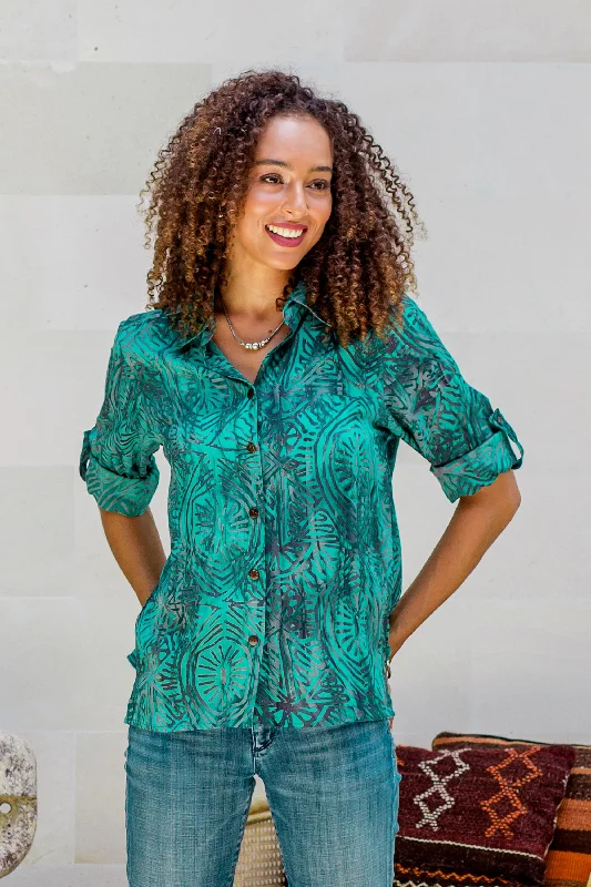 Pet ProductsGreen Glyphs Rayon Batik Long Sleeve Green-Blue Hi-Low Button Blouse