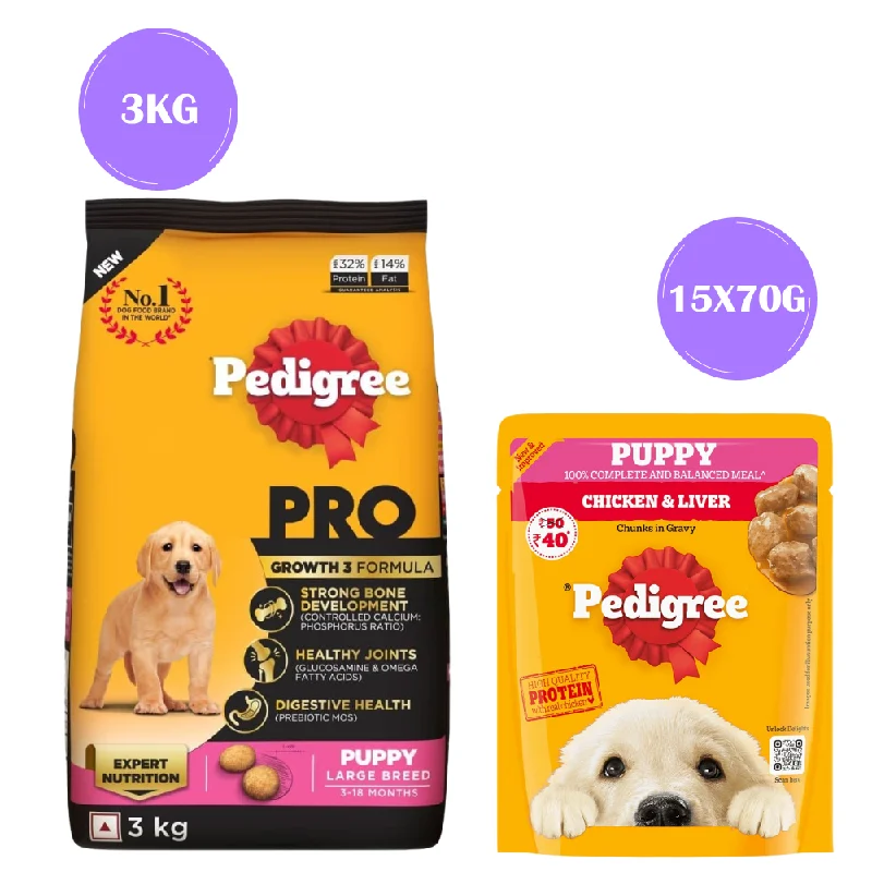 Pet ProductsPedigree PRO Expert Nutrition for Large Breed Puppy (3 to 18 Months) Dry Food and Pedigree Chicken & Liver Chunks in Gravy Puppy Wet Food Combo for Dogs