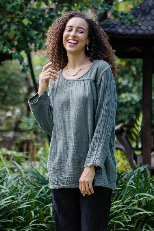 ---Modern Look in Grey Sage Grey Cotton Double Gauze Blouse