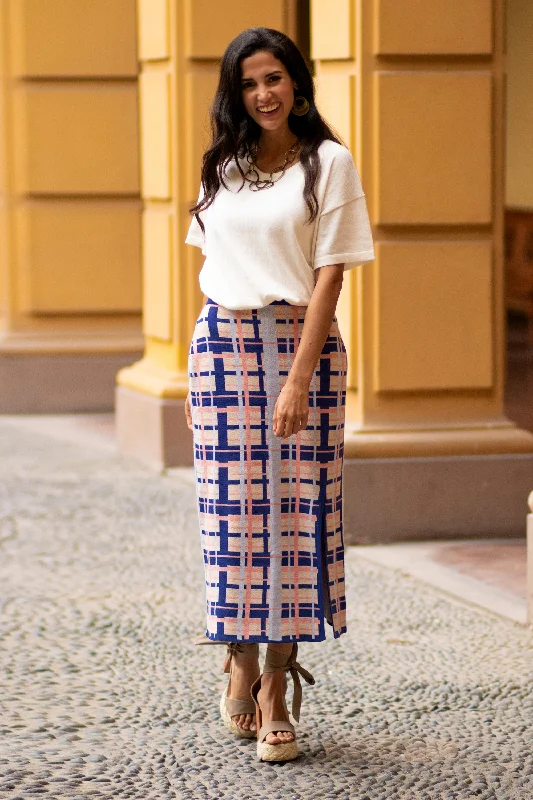 - Foldable and portable cat bagMelon Spring Hand Made Cotton Blend Knit Plaid Maxi Skirt from Peru - Foldable and portable cat bagMelon Spring Hand Made Cotton Blend Knit Plaid Maxi Skirt from Peru