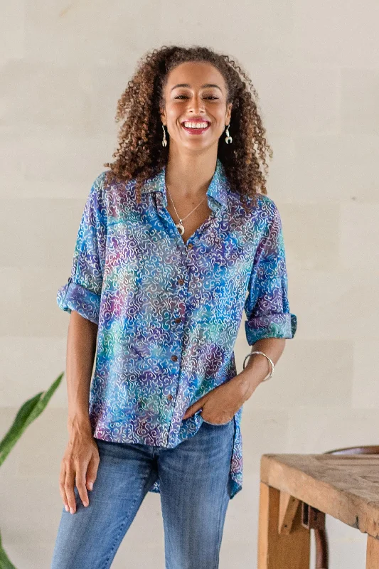 - Summer pet ice matPastel Seascape Roll-Tab Sleeve Button Front Batik Rayon Blouse