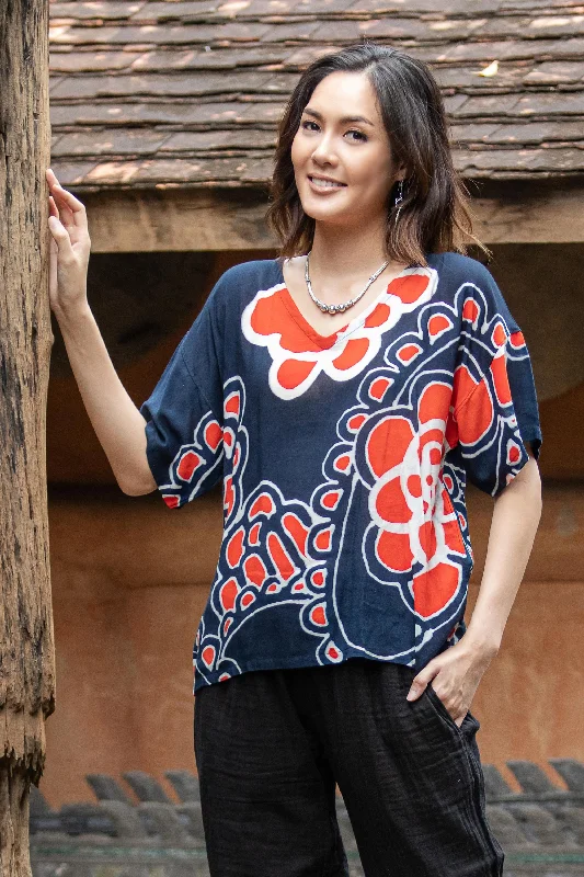 - Cat anti-jump window safety netRelaxed Mood Cotton Batik Floral-Motif Blouse