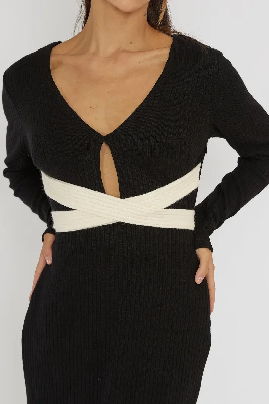 So Emotional Long Sleeve Cut-Out Knit Dress Black