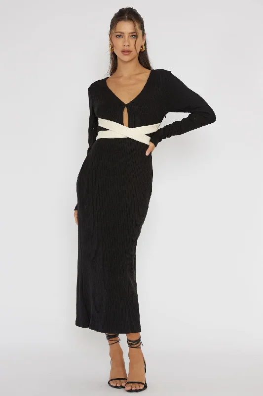 So Emotional Long Sleeve Cut-Out Knit Dress Black