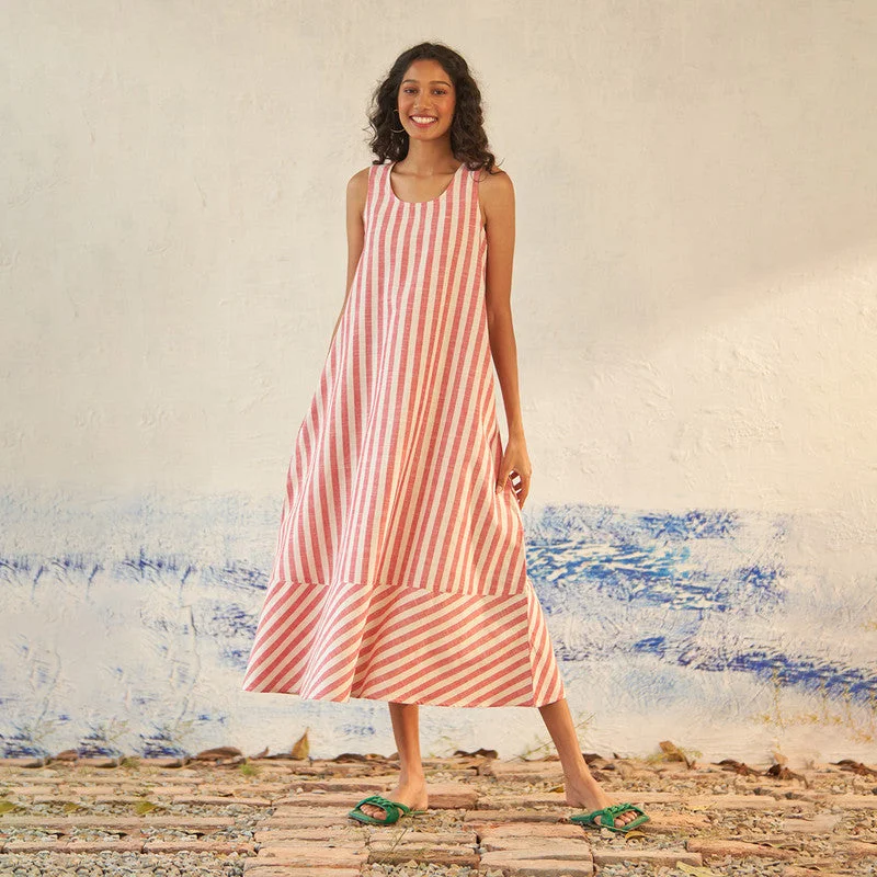 Cotton Midi Flared Dress for Women | Red & White | Striped