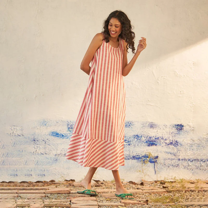 Cotton Midi Flared Dress for Women | Red & White | Striped