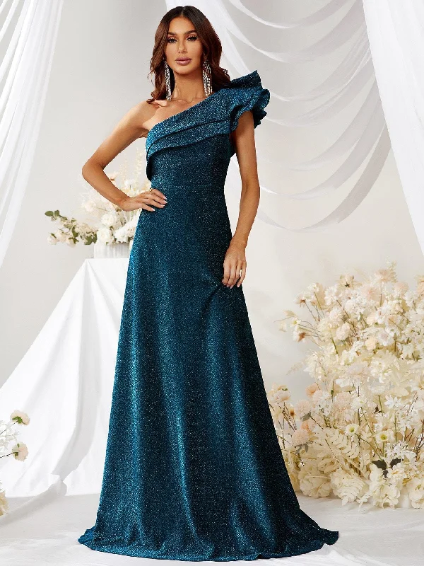 NiDELL New Oblique Shoulder Ruffled Collar Sleeveless Thin and Glittering Ball Gown Long Elegant Dress-Ssw3017