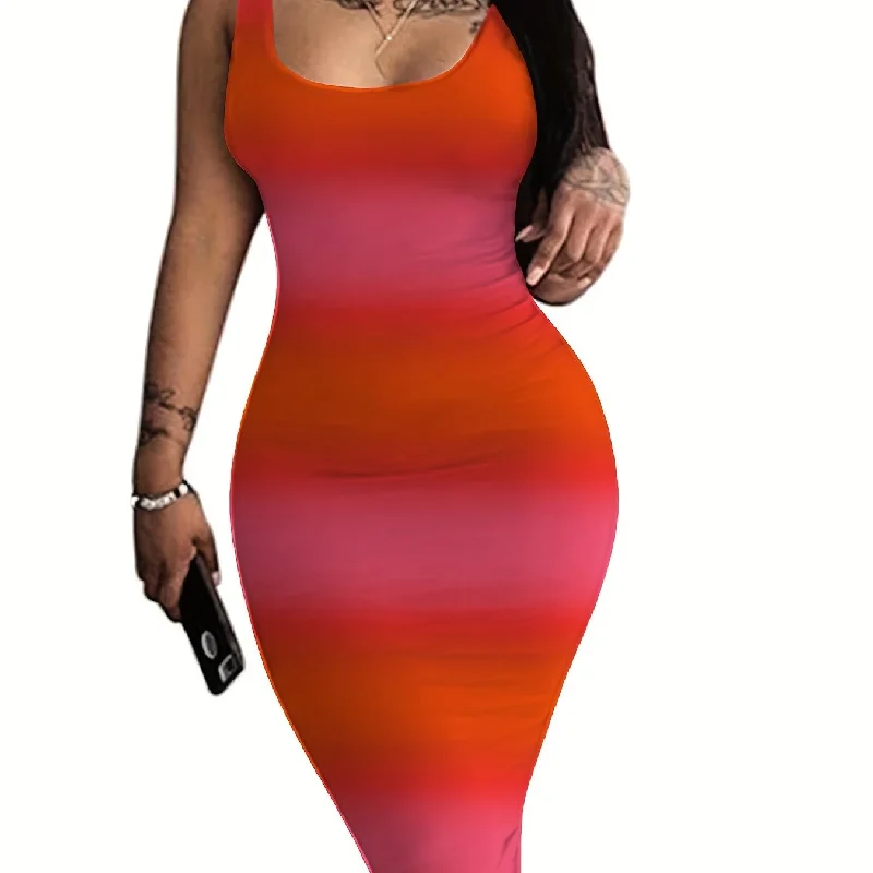 Sixsr Plus Size Sexy Tank Dress, Women's Plus Colorblock Ombre Print Scoop Neck Slight Stretch Slim Fit Tank Dress