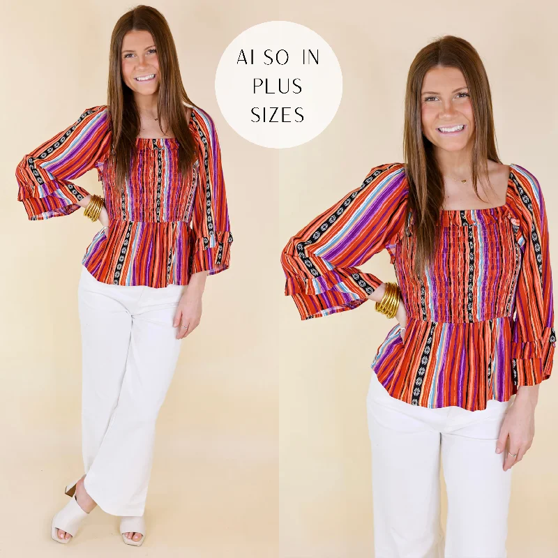 Blissful Break Serape Print Peplum Top with Smocked Bodice in Rust Orange Mix