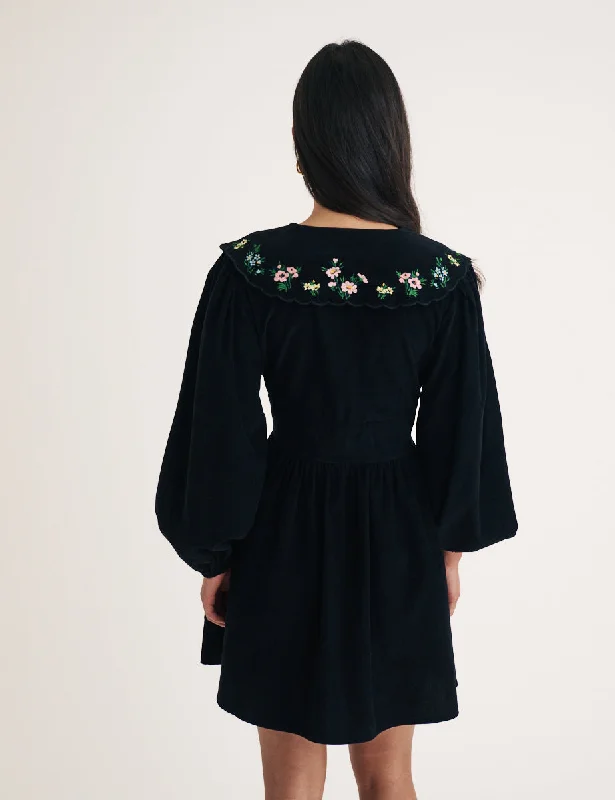 Black Cord Floral Embroidered Birdie Mini Dress