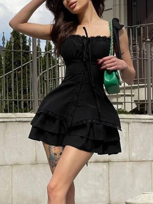 Black Vintage Square Neck Pleated Ruffle Mini Dress