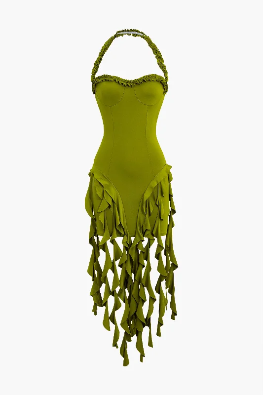 Solid Color Ruffle Tassel Halter Bustier Mini Dress