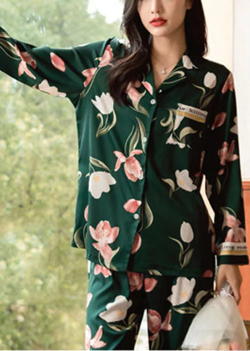 Blackish Green Ice Silk Pajamas Two Pieces Set Oversized Pocket Spring