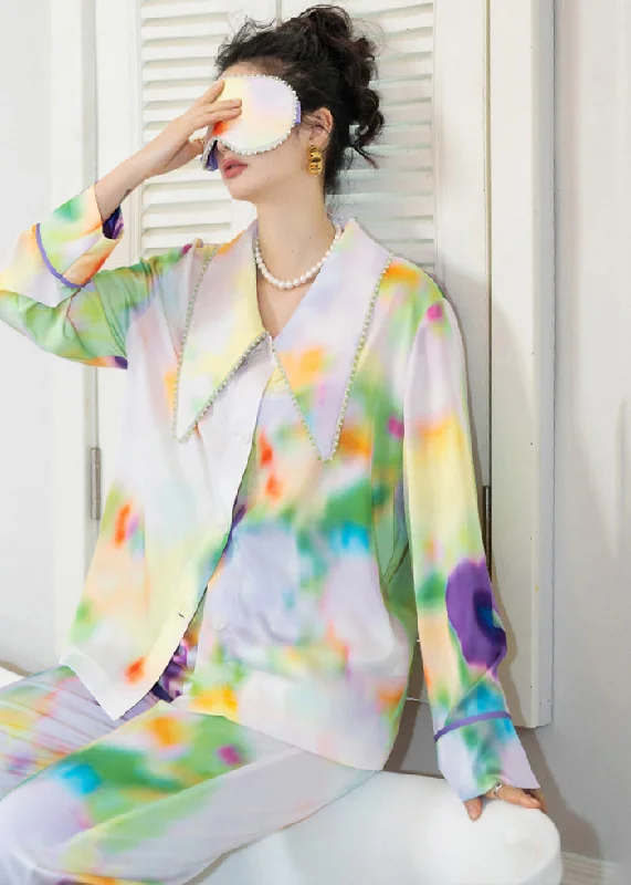 Casual Multicolour Peter Pan Collar Tie Dye Ice Silk Pajamas Two Pieces Set Spring