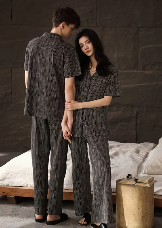 Casual Peter Pan Collar Striped Button Cotton Couple Pajamas Two Pieces Set Short Sleeve