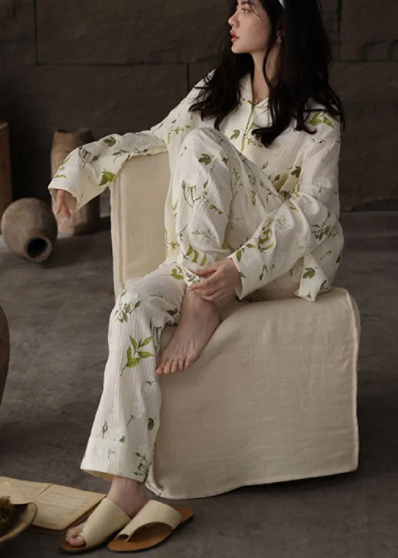 Chic Beige Print Button Low High Design Cotton Pajamas Two Piece Set Long Sleeve