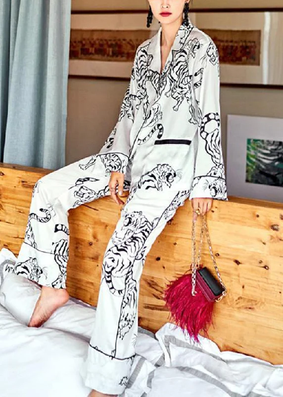 DIY White Peter Pan Collar Tiger Print Ice Silk Pajamas Women Sets 2 Pieces Spring