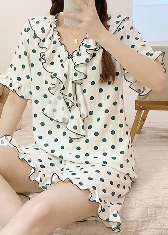 French White Ruffled Dot Patchwork Knitting Cotton Pajamas Outfit Summer