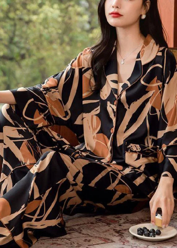 Handmade Orange Print Pocket Draping Ice Silk Pajamas Two Pieces Set Spring