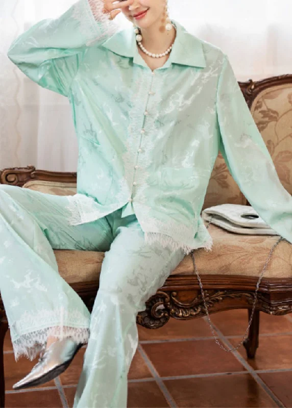 Modern Lake Green Jacquard Lace Patchwork Nail Bead Ice Silk Pajamas Two-Piece Set Spring