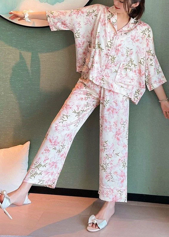 Organic Pink Oversized Print Ice Silk Pajamas Two Piece Set Women Clothing Batwing Sleeve