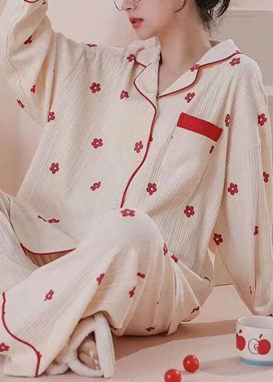 Stylish Beige Patchwork Floral Cotton Pajamas Women Sets Spring