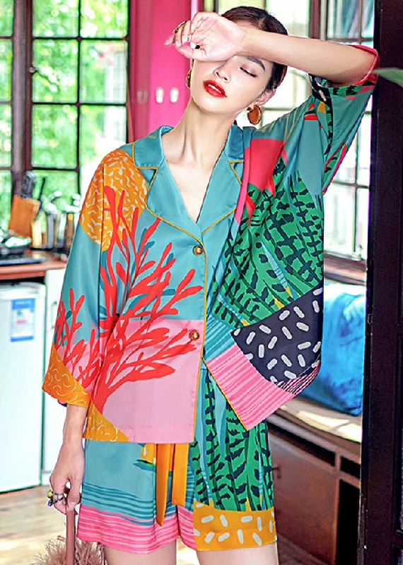 Stylish Blue Oversized Print Ice Silk Pajamas Two Piece Suit Set Summer