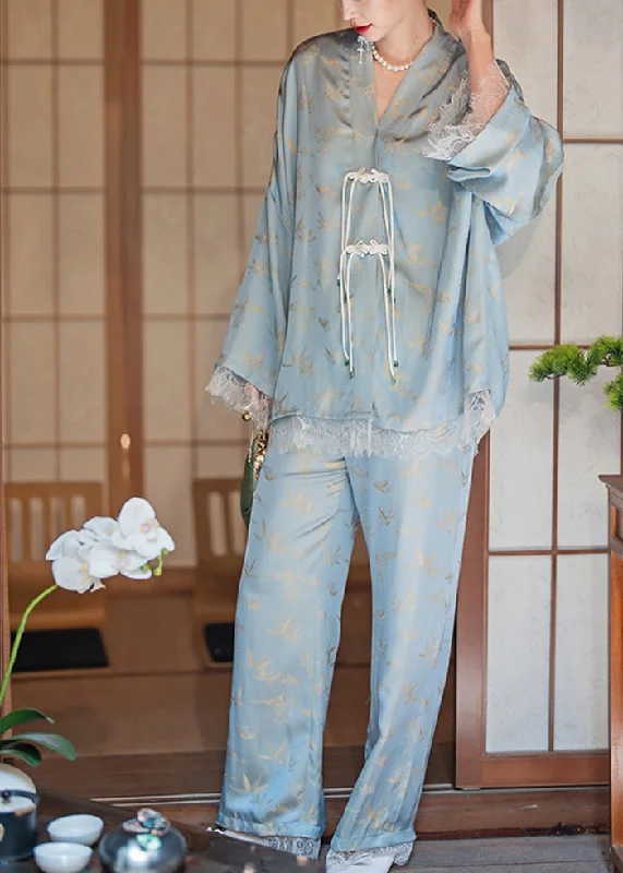 Vintage Light Blue Chinese Button Tassel Lace Patchwork Ice Silk Pajamas Two Piece Set Spring